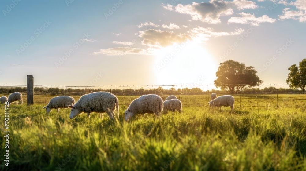 Fototapeta premium Beautiful sunset view on cloudy weather with group of domestic goats feeding at grazing field.