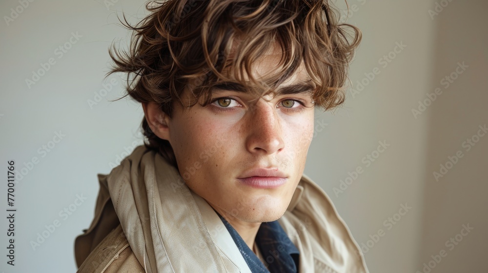 Young Man With Curly Hair Wearing a Scarf Young Man With Curly Hair Wearing a Scarf