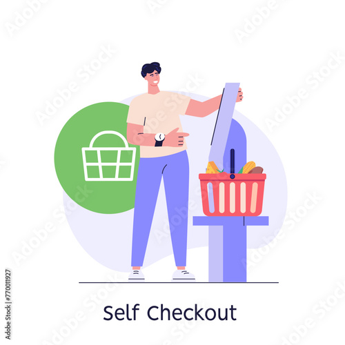 Customer use self-service checkout. Man with shopping cart buying with automated self-checkout terminal. Concept of contactless payment, cashless paying, checkout self service. Vector illustration