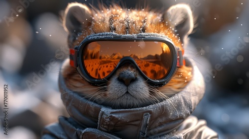  Cat in jacket and goggles with snow falling on head