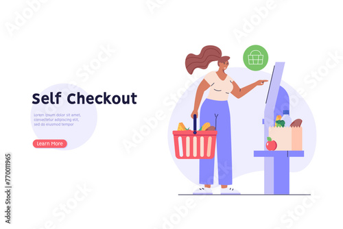Customer use self-service checkout. Man with shopping cart buying with automated self-checkout terminal. Concept of contactless payment, cashless paying, checkout self service. Vector illustration