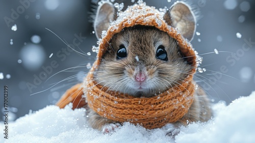  A close-up of a mouse wearing a scarf with its head buried in snow