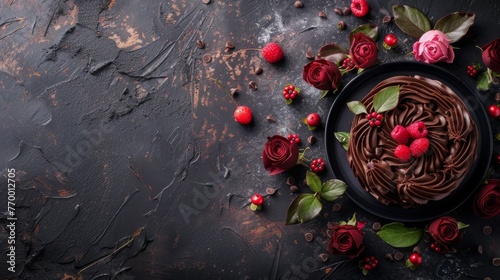 Chocolate Cake With Raspberries and Flowers