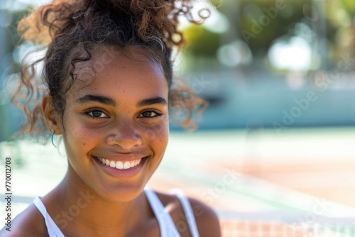 Smiling portrait of a young woman on the tennis court