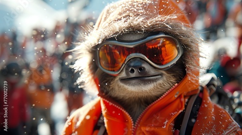  A person in ski goggles and a sloth wearing ski goggles close-up
