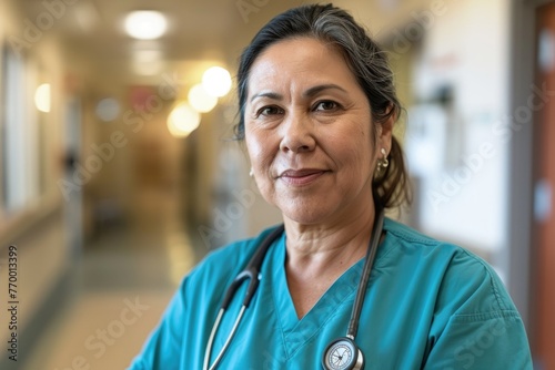 Portrait of a middle aged female healthcare worker in scrubs at hospital