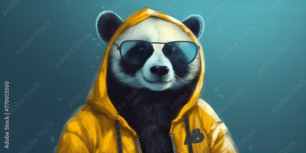 Stylish Panda Sporting Yellow Raincoat and Sunglasses Banner