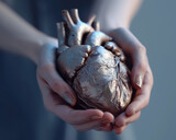 human hands holding a metallic bronze, anatomically detailed heart sculpture, showcasing intricate design and craftsmanship