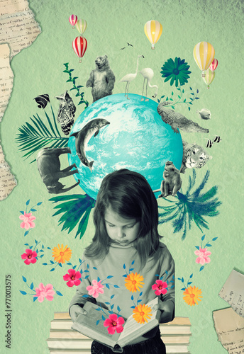 Knowledge concept. Calming book. Small child - little girl and blue sky © Solarisys