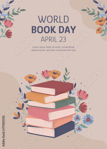 Hand drawn world book day vertical poster template. Read more books. Set for book lovers. Various books, stack of books, notebooks. Vector illustration