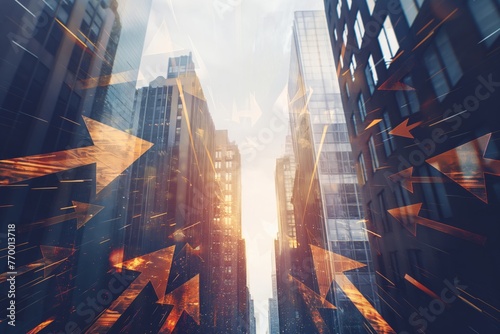 Abstract city with upward arrows and daylight. Double exposure. Finance concept. photo