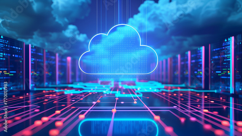 Futuristic Cloud Computing Network Servers. Digital illustration of cloud computing infrastructure with vibrant blue neon lights and futuristic data servers. photo