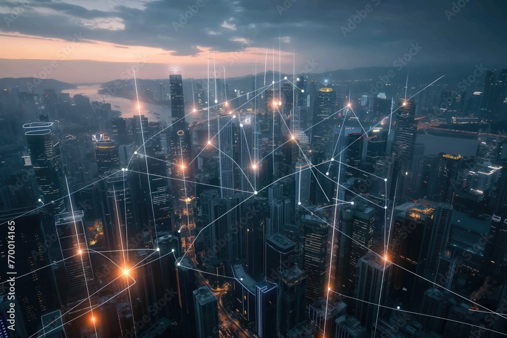 Connected Cityscape at Night with IoT Network