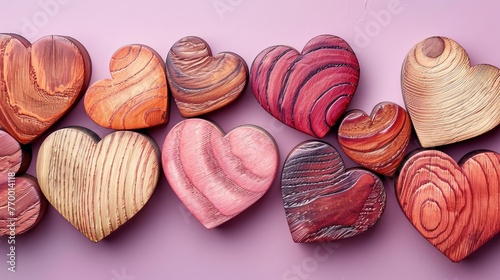   A cluster of wooden hearts arranged on a violet background beside a pink wall