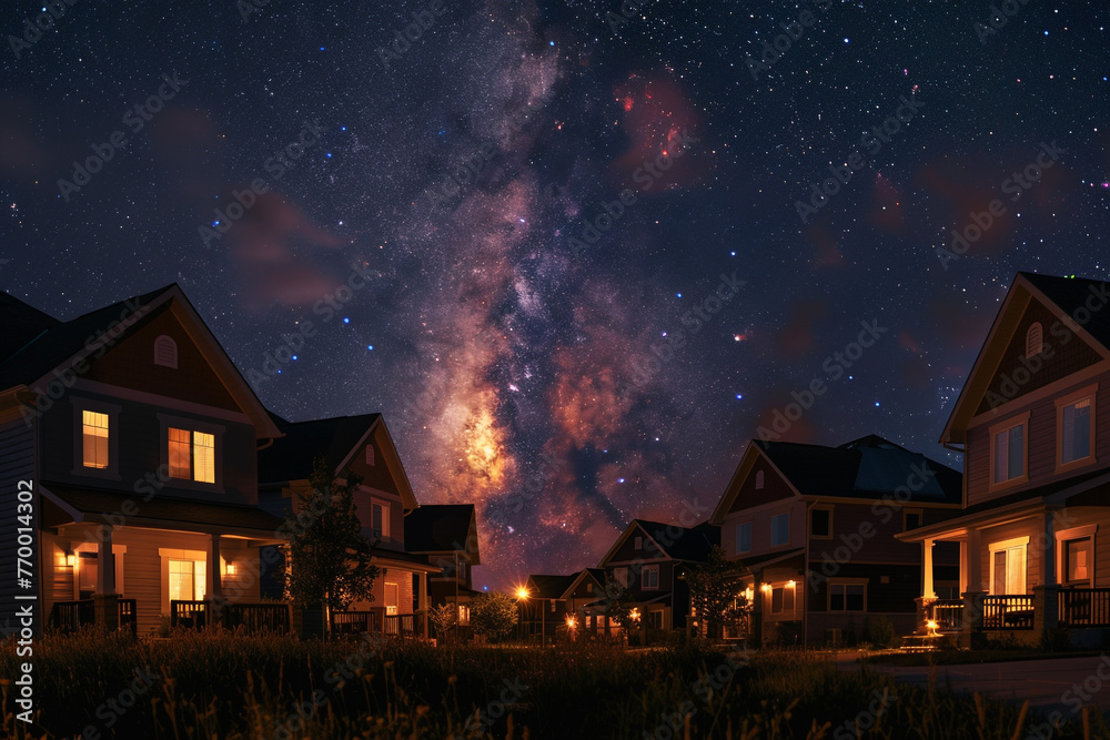 A late-night suburban neighborhood with energy-efficient homes glowing against a starry sky. /