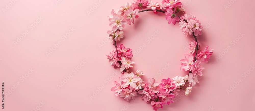 Arrangement of flowers. Circular pink flower wreath on a pink surface. Flat lay photo from above with room for text. Arrangement of flowers. Circular pink flower wreath on a pink surface. Flat lay photo from above with room for text.