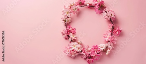 Arrangement of flowers. Circular pink flower wreath on a pink surface. Flat lay photo from above with room for text.