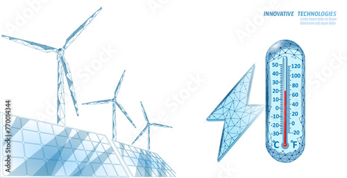 Global warming CO2 ecology problem eco concept. Renewable energy against greenhouse effect 3D render. Science chemistry biotechnology polygonal climatic technology vector illustration