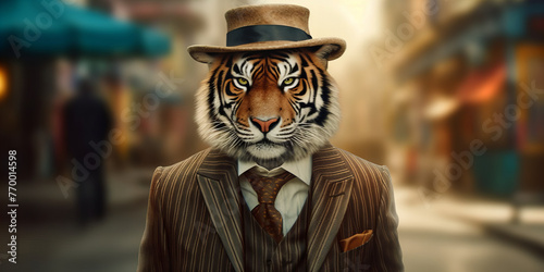 Elegant Tiger Gentleman Roams Urban Jungle in Dapper Attire - Surreal Adventure Banner