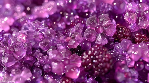  A close-up of a group of purple rocks with droplets of water on top and a berry in the center of the image