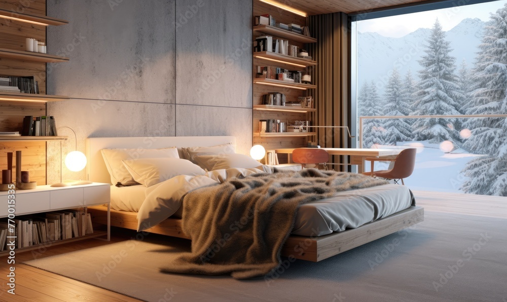 Fototapeta premium A modern bedroom with wooden furniture, a concrete floor, warm lighting in a winter day