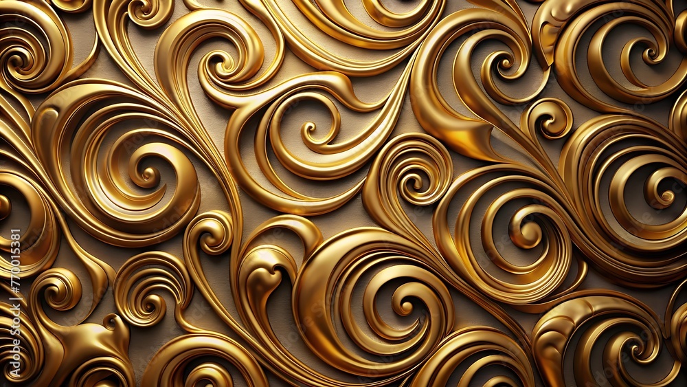 Generative ai. a close up of a gold wall with swirly designs, ornate golden background Generative ai. a close up of a gold wall with swirly designs, ornate golden background