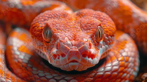 A close up of a red and white snake with its head up