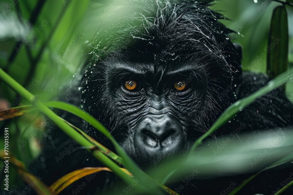 Intense Mountain Gorilla Peering Through Rainforest Foliage Intense Mountain Gorilla Peering Through Rainforest Foliage