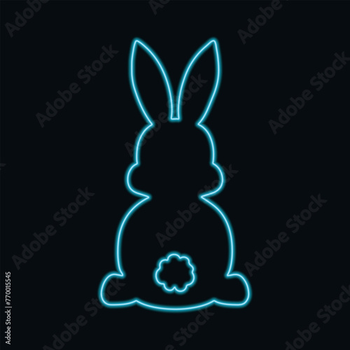 Blue neon rabbit silhouette on black background. Glowing outline hare neon sign. Vector illustration.
