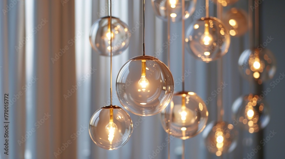 A macro image of a modern pendant light cluster, featuring multiple glass globes suspended at varying heights, creating a striking focal point and ambient lighting in a contemporary dining area. A macro image of a modern pendant light cluster, featuring multiple glass globes suspended at varying heights, creating a striking focal point and ambient lighting in a contemporary dining area.
