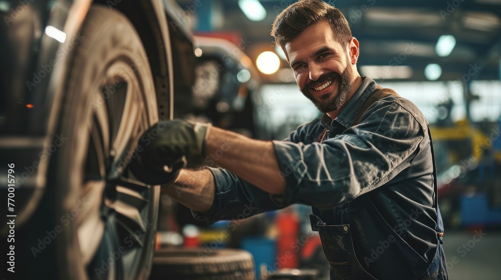 A smiling mechanic is working on a car tire in a garage. A smiling mechanic is working on a car tire in a garage.