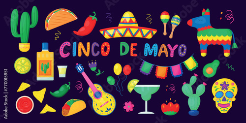 Cinco de Mayo Mexican Holiday elements set. Elements for greeting card, poster and banner template design