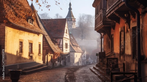Stone paved old streets with colorful houses in Sighisoara fortress