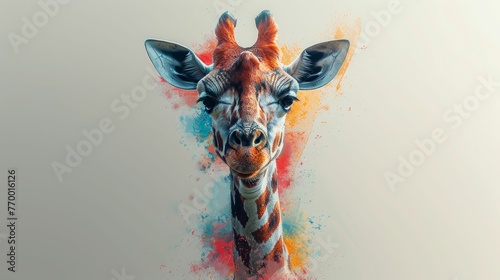 A giraffe with a colorful face is the main focus of the image