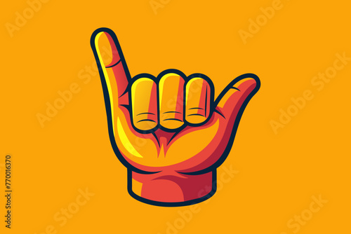 cartoon vector illustration shaka hand sign on a yellow, orange background greeting used in hawaiian and surfer culture. space for text