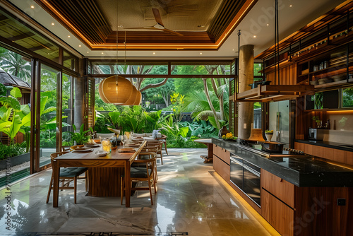 Modern cozy interior of a bright Balinese-style kitchen with many plants