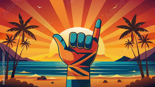 cartoon vector illustration shaka hand sign on a yellow, orange background on the yellow, orange background of the sunset sunrise at sea greeting used in hawaiian and surfer culture. space for text photo