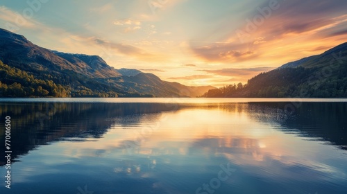 Sun Setting Over Lake With Mountain Backdrop