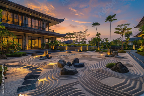 A luxurious mansion features a Japanese Zen garden with sand patterns and stone arrangements at dawn.
