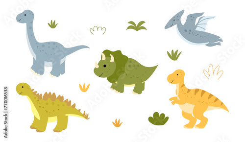 Set of funny dinosaurs in flat style. Vector collection of cute dino. Hand drawn cartoon  brontosaurus  tyrannosaurus  pterodactyl  triceratops  stegosaurus.