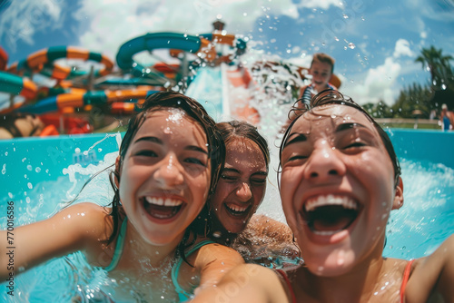Three girls are having fun in a pool, taking a selfie