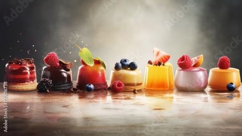 Fototapeta Naklejka Na Ścianę i Meble -  Laconic modern banner showing a variety of puddings and jellies, restaurant photo