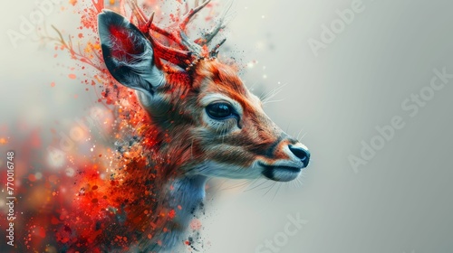 A deer with red antlers is the main focus of the image