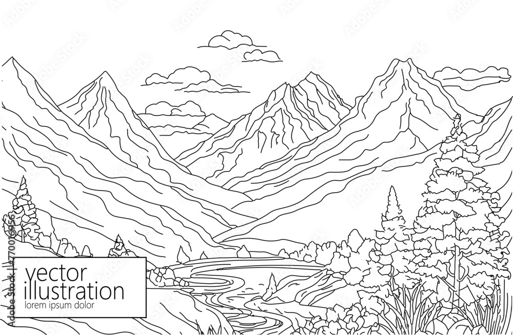 Forest with mountain line simple drawing background. Minimal outline art symbol hand drawn travel sketch. Isolated vector illustration