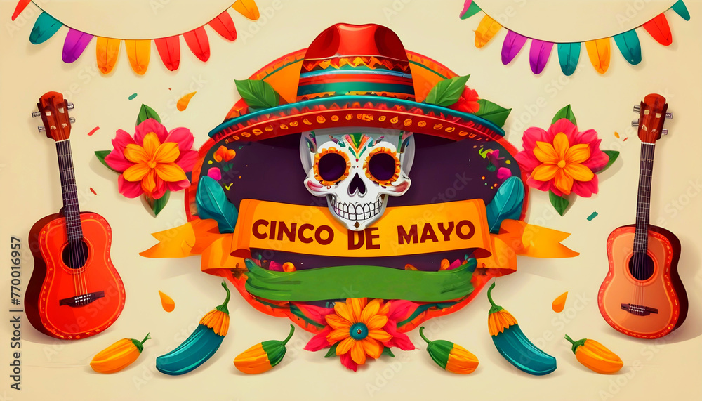 Cinco de Mayo Festival Skull and Items Banner created with generative ai