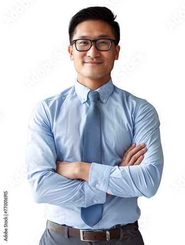 Asian Man Light Blue Shirt and Blue Tie with Glasses. Transparent Background.