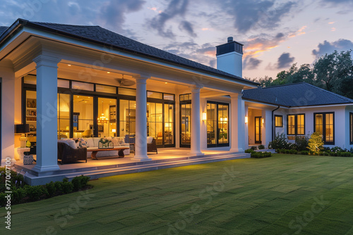 A luxurious residence bathed in the soft light of dusk, showcasing inviting interior lighting, exclusive outdoor decor on the porch, and a meticulously groomed lawn. © M Arif