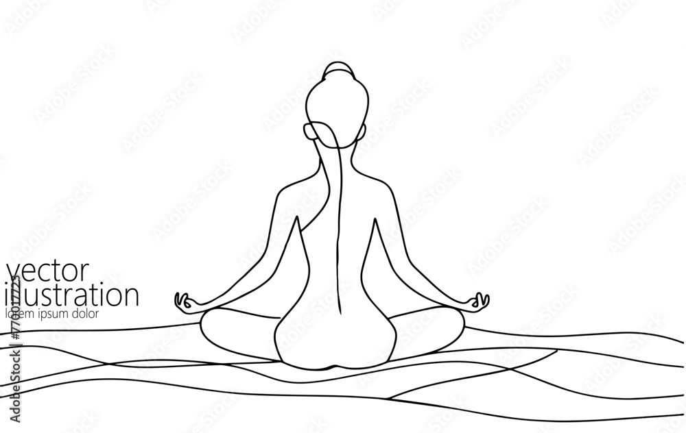 Fototapeta premium One continuous line art yoga woman. Girl in lotus pose antistress meditation minimalist isolated sketch ink drawing. Vector illustration