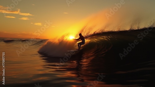 Surfing at Sunset. Young Man Riding Wave at Sunset.