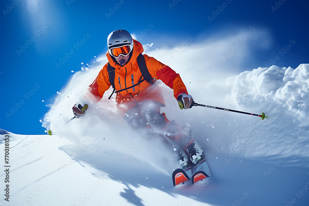 Skier is descending a snow mountain slope under a clear sky